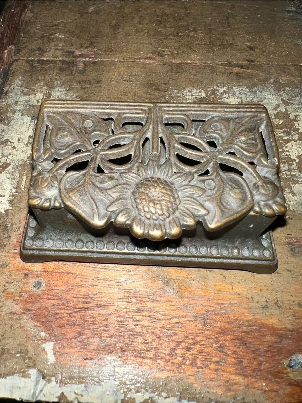 Vintage Art Nouveau Ornate Rolled Stamp Holder  in Antique Brass